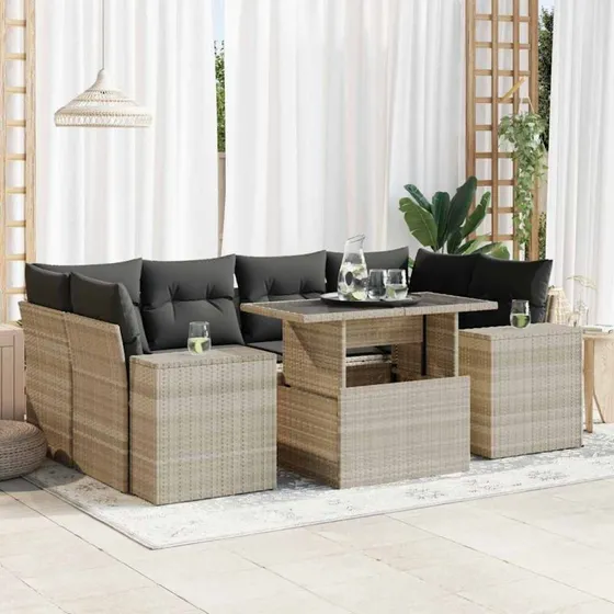 vidaXL 7-deles polyrattan havesofasæt lysegrå med hynder
