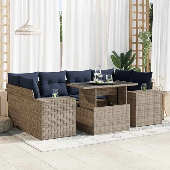 vidaXL 7-deles havesofa med hynder i grå polyrattan og akacietræ