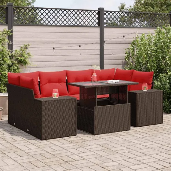 vidaXL 7-deles havesofasæt med hynder i polyrattan brun