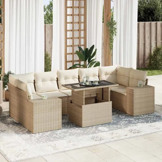 vidaXL 8-delssofasæt med hynder, polyrattan beige