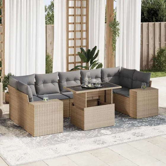 vidaXL 8-delssofasæt med hynder polyrattan beige