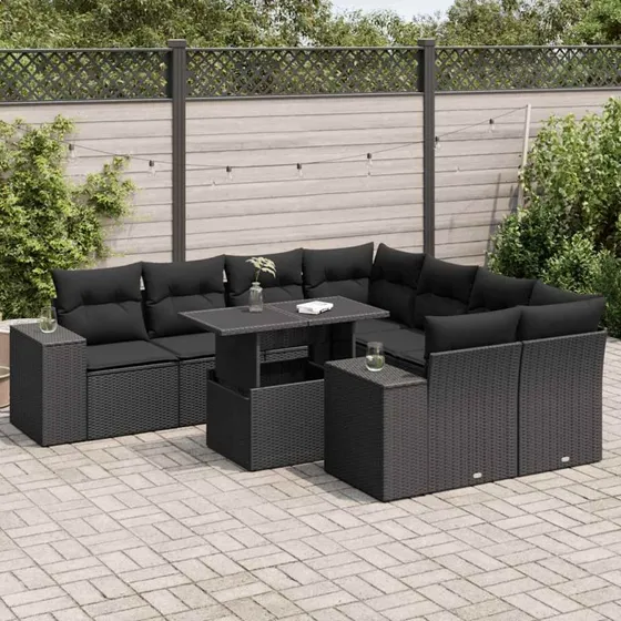 vidaXL 9-delssofasæt med hynder, polyrattan, sort