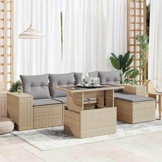 vidaXL 6-delssofasæt med hynder, polyrattan, beige
