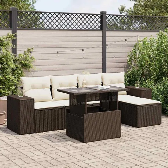 vidaXL 6-delssofasæt med hynder, polyrattan brun