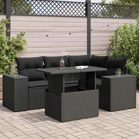 vidaXL 5-delssofasæt med hynder, polyrattan, sort