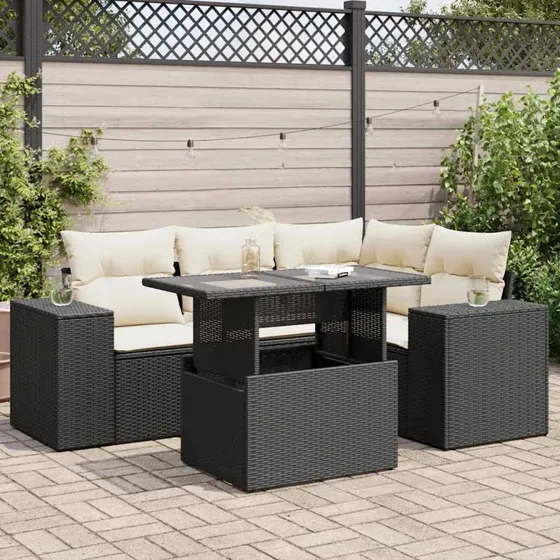 vidaXL 5-delssofasæt med hynder, polyrattan, sort