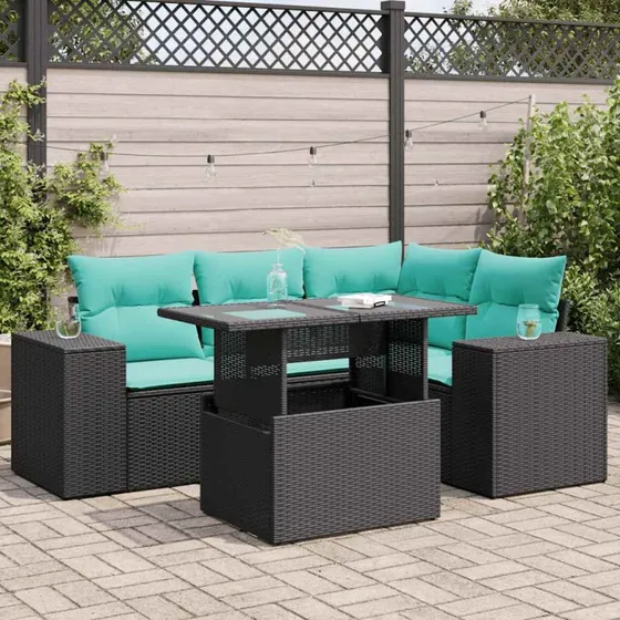 vidaXL 5-delssofasæt med hynder, polyrattan, sort, akacietræ