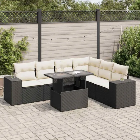vidaXL 7-delssofasæt med hynder i polyrattan, sort