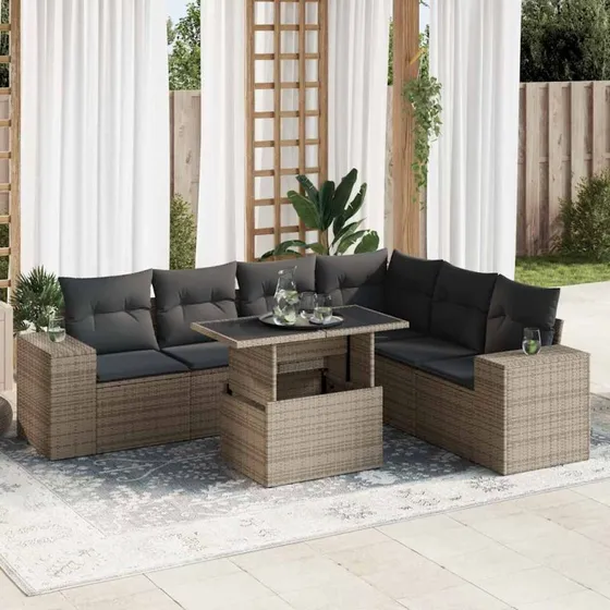 vidaXL 7-delsofasæt med hynder i polyrattan grå