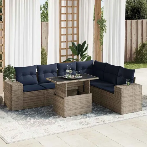 vidaXL 7-delers havesofasæt med hynder i polyrattan, grå