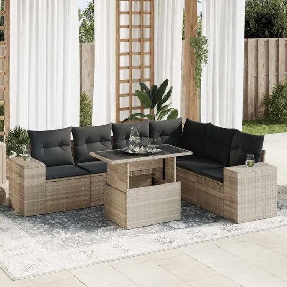 vidaXL 7-delssofasæt med hynder, lysegrå, polyrattan