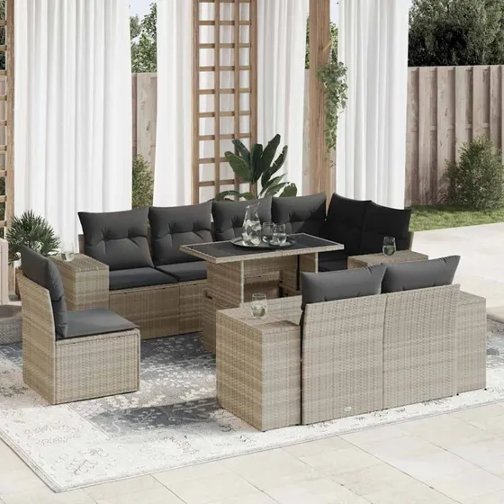vidaXL 9-delssofasæt med hynder, polyrattan lysegrå