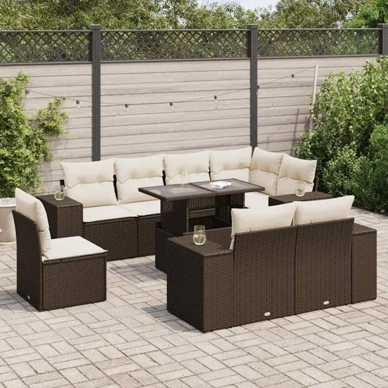 vidaXL 9-delssofasæt med hynder, polyrattan brun