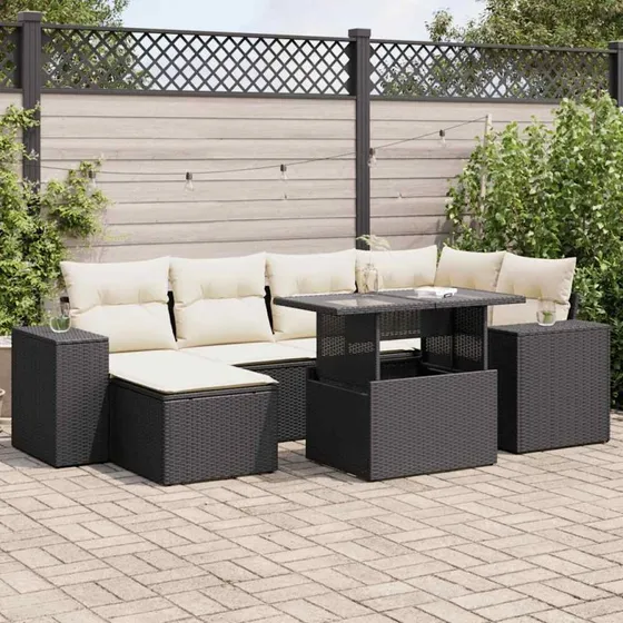 vidaXL 7-delssofasæt med hynder, polyrattan sort