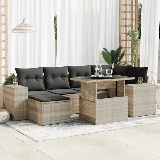vidaXL 7-delssofasæt med hynder, lysegrå, polyrattan