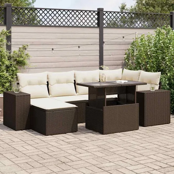 vidaXL 7-delssofasæt med hynder, polyrattan brun