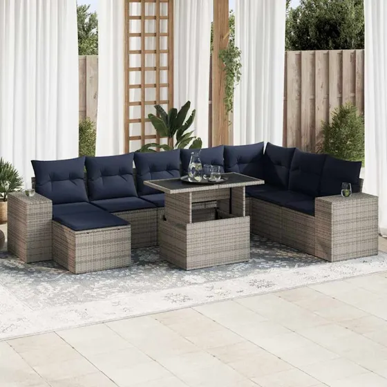 vidaXL 9-deles havesofasæt med hynder i polyrattan og akacietræ, grå