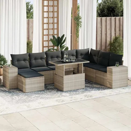 vidaXL 9-delssofasæt med hynder, polyrattan lysegrå