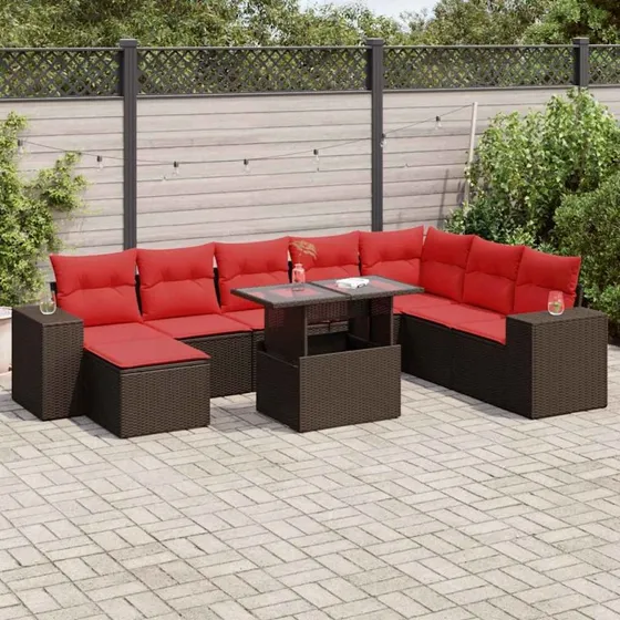 vidaXL 9-deles havesofasæt med hynder i polyrattan og akacietræ, brun