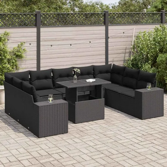vidaXL 10-delssofasæt med hynder, polyrattan, sort