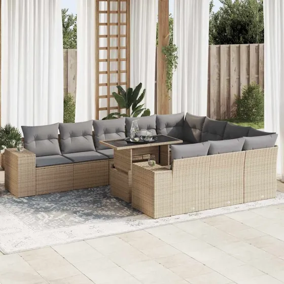 vidaXL 11-delssofasæt med hynder i polyrattan beige