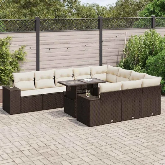 vidaXL 11-delssæt med hynder polyrattan brun