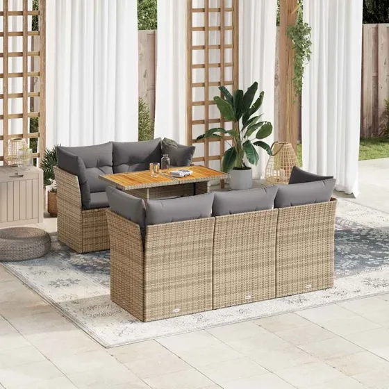 vidaXL 6-delssofasæt med hynder i polyrattan, beige