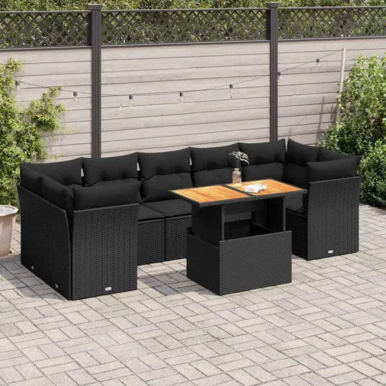 vidaXL 8-delssofasæt med hynder i polyrattan, sort