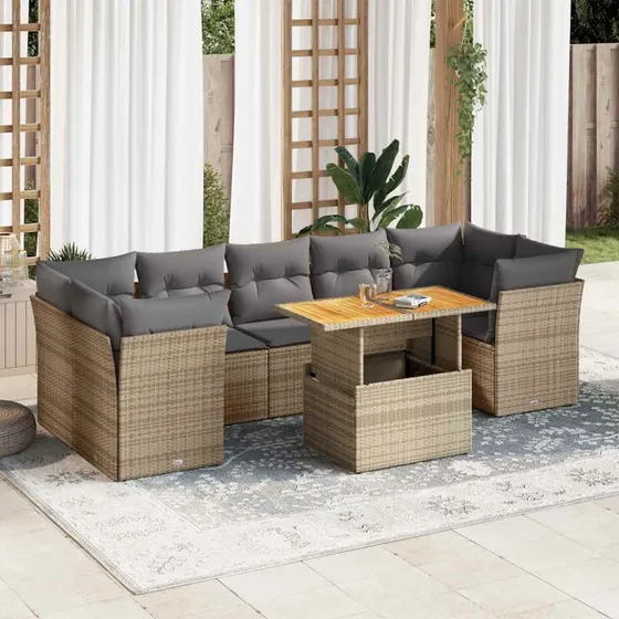 vidaXL 8-delssofasæt med hynder i polyrattan beige