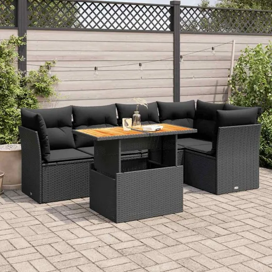 vidaXL 6-deligt sofasæt med hynder i polyrattan, sort