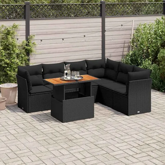 vidaXL 7-deles sofasæt med hynder polyrattan sort