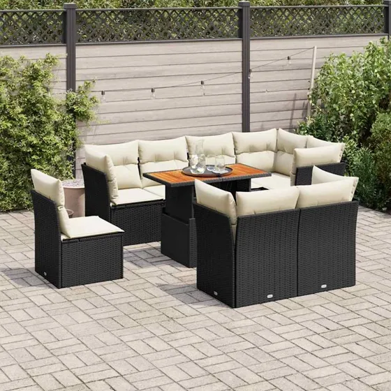 vidaXL 9-deles polyrattan havesofasæt med hynder, sort