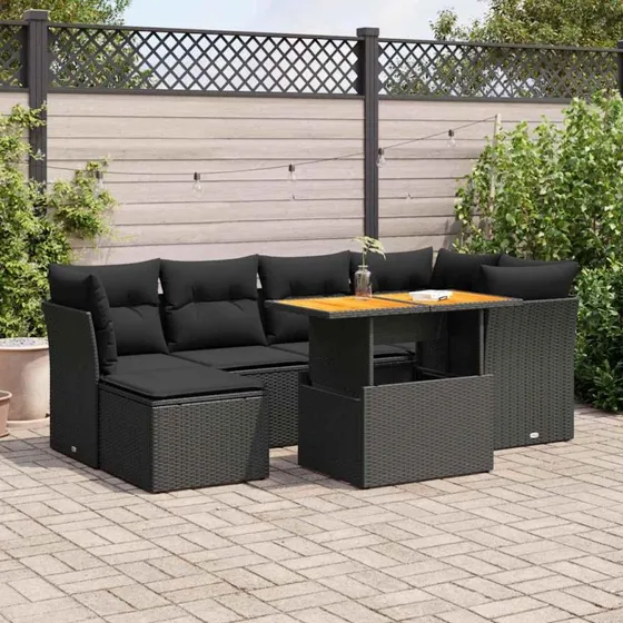 vidaXL 7-deles sofasæt med hynder i polyrattan, sort