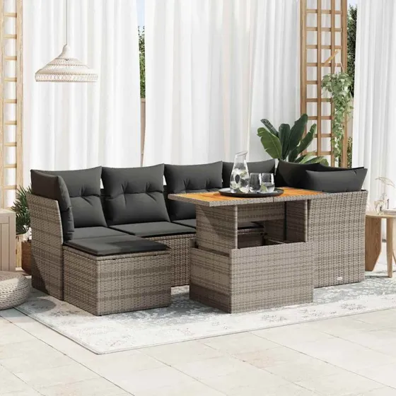 vidaXL 7-deles havesofasæt med hynder i polyrattan grå