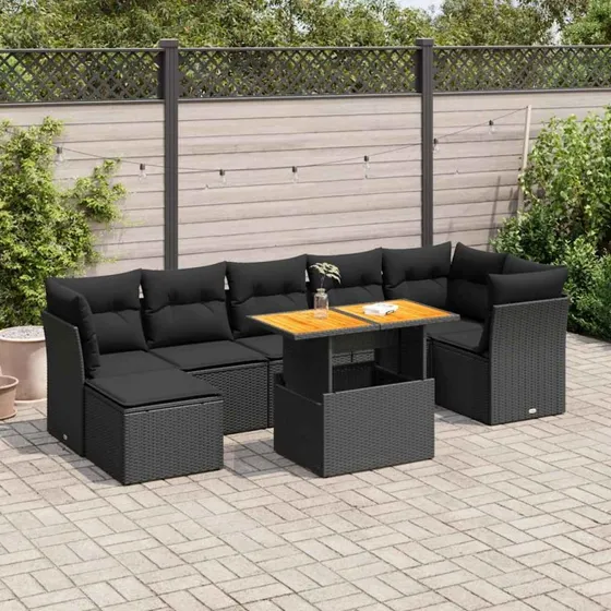 vidaXL 8-deles havesofasæt med hynder i polyrattan, sort