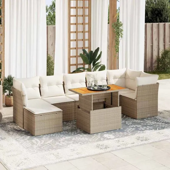 vidaXL 8-deligt havemøbelssæt med hynder i polyrattan, beige