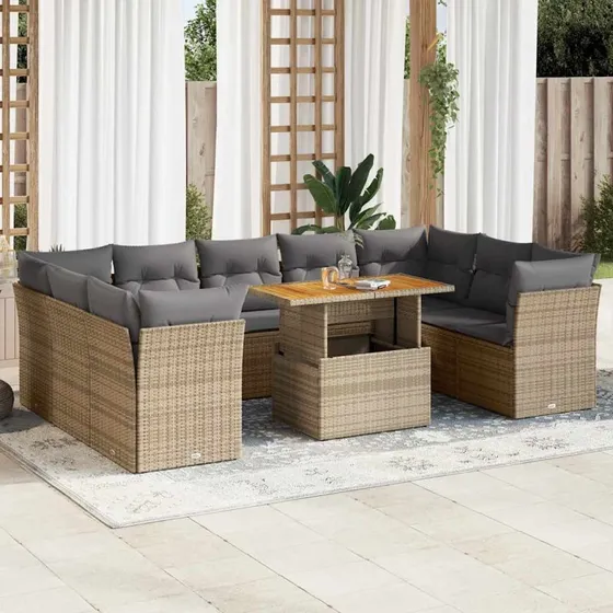 vidaXL 10-delssofasæt med hynder i polyrattan beige