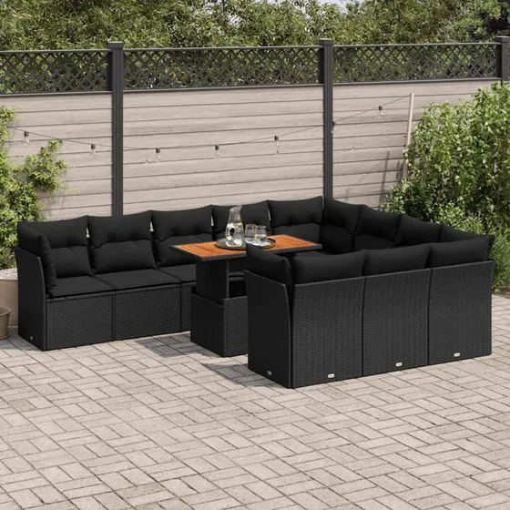 vidaXL 11-delssofasæt med hynder, polyrattan sort