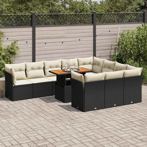 vidaXL 11-delssofasæt med hynder, polyrattan sort
