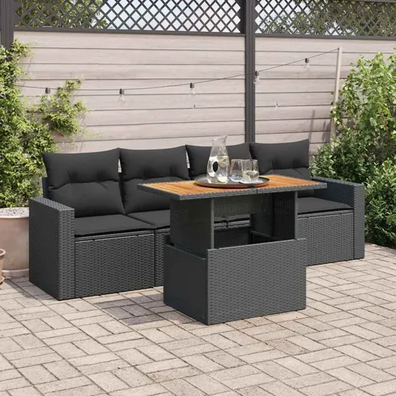 vidaXL 5-deles havesofasæt med hynder, polyrattan, sort