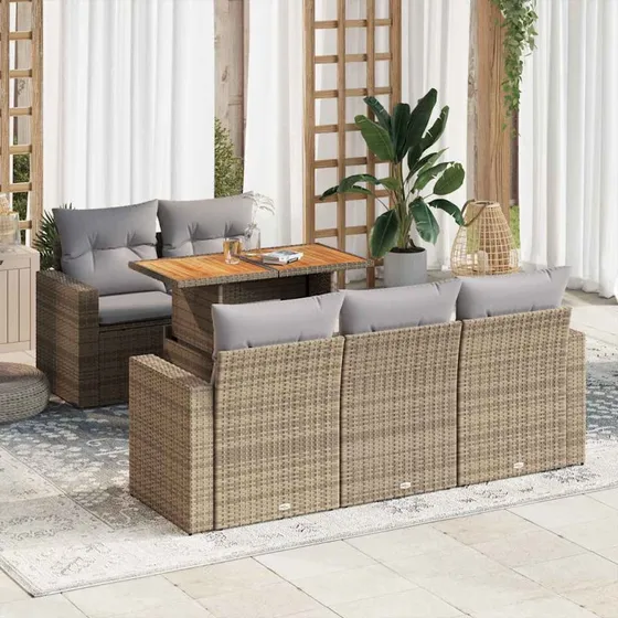 vidaXL 6-delssofasæt med hynder, polyrattan, beige