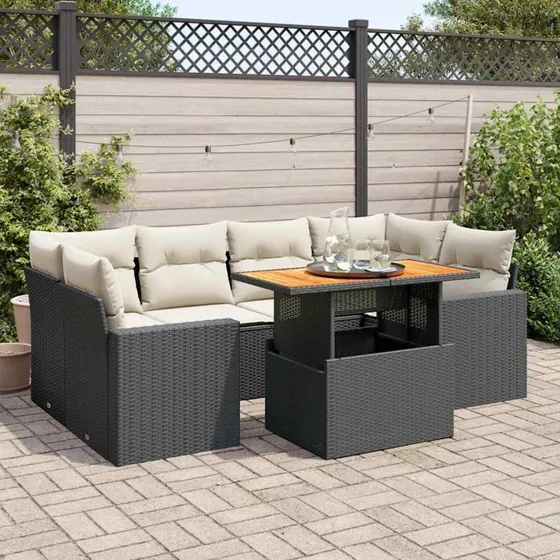 vidaXL 7-delssofasæt med hynder i polyrattan, sort