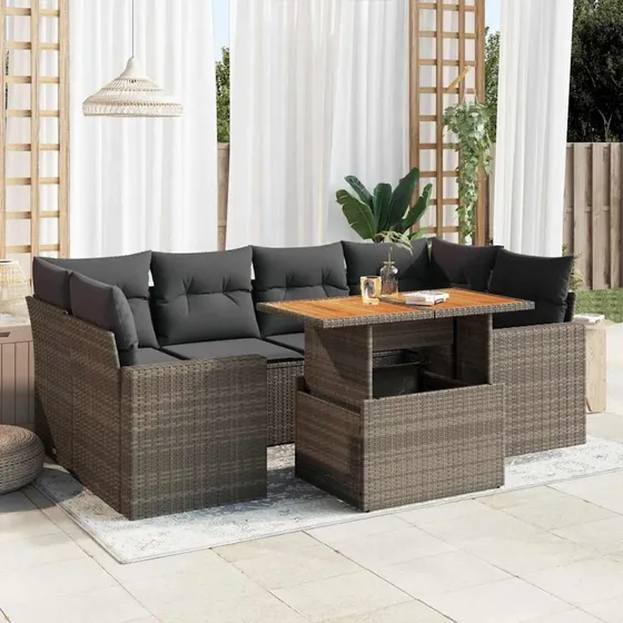 vidaXL 7-delsofasæt med hynder i polyrattan grå