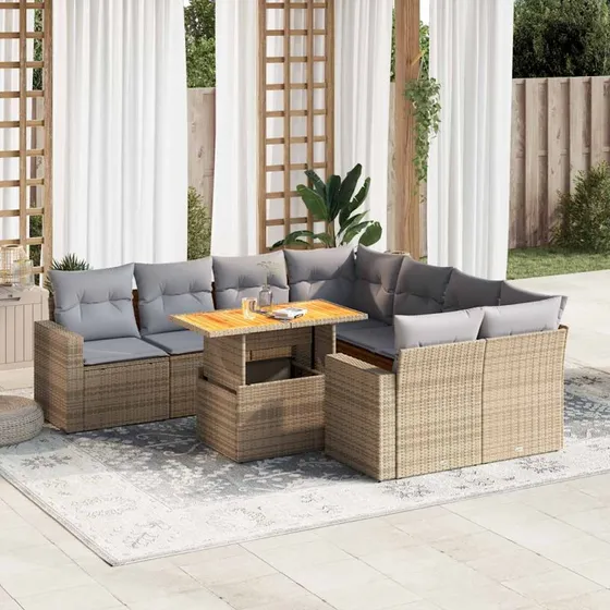 vidaXL 9-deles havesofasæt med hynder i polyrattan beige