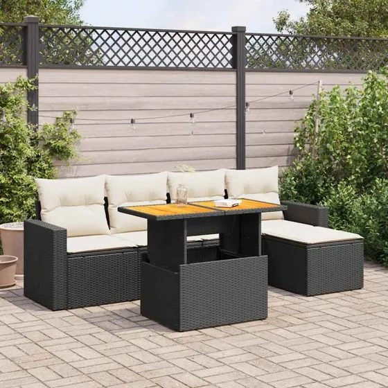 vidaXL 6-deles havesofasæt med hynder i polyrattan, sort