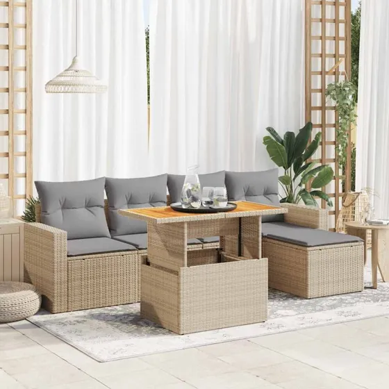 vidaXL 6-delssofasæt med hynder polyrattan beige