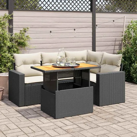 vidaXL 5-delssofasæt med hynder, polyrattan sort