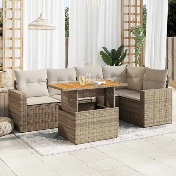 vidaXL 6-delssofasæt med hynder i polyrattan, beige