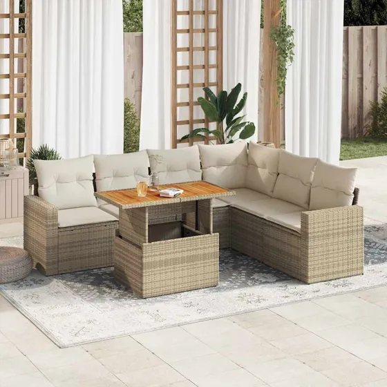 vidaXL 7-deles polyrattan sofasæt med hynder, beige