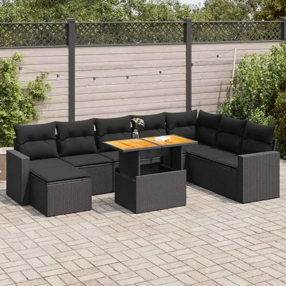 vidaXL 9-deligt havesofasæt med hynder, polyrattan, sort